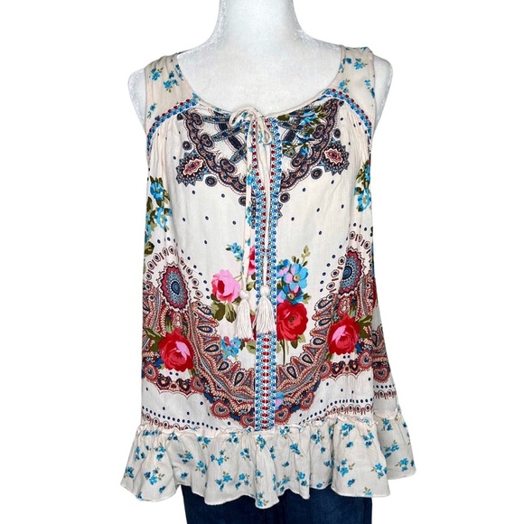 Bila Tank Top Jessica Sleeveless Tie Neck Blouse Bohemian Floral Cream Medium M - Picture 1 of 17